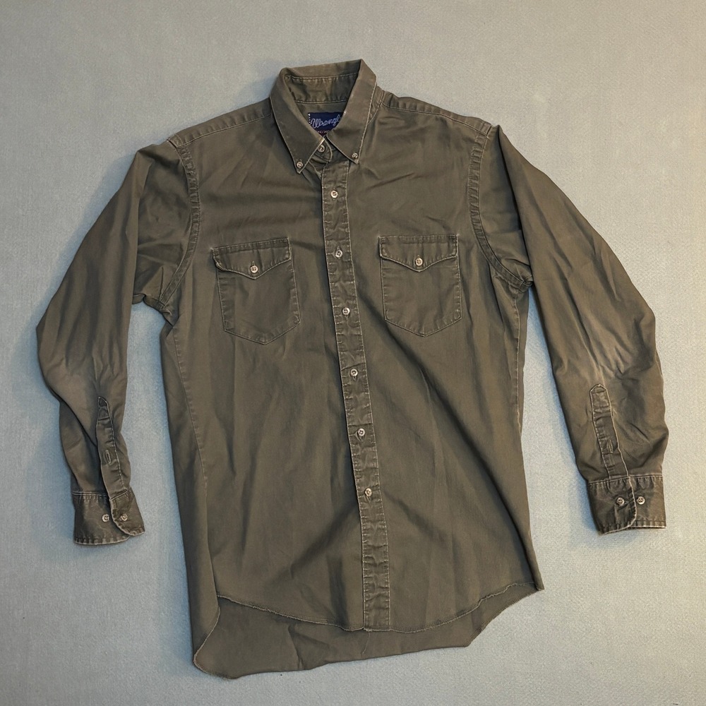 Wrangler Mens Western Work Shirt Olive Green Button Down X-Long Tails M 15.5-33
